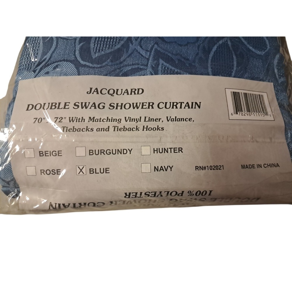 VTG NEW Blue 90s Deluxe Jacquard Double Swag Poly Fabric Shower Curtain Set - Picture 4 of 4